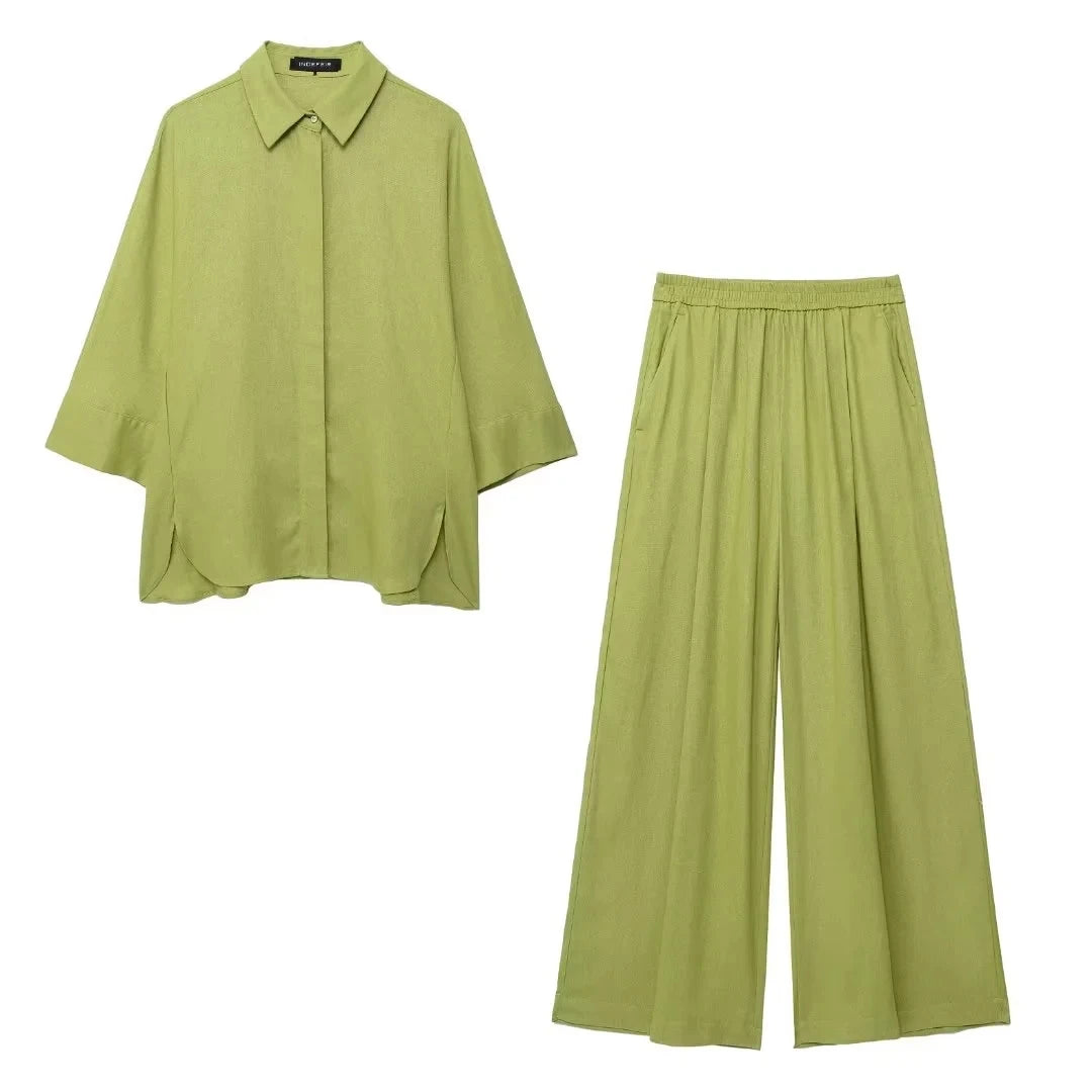 Conjunto Casual de Camisa y Pantalón de Pierna Ancha — Traje Suelto de Oficina