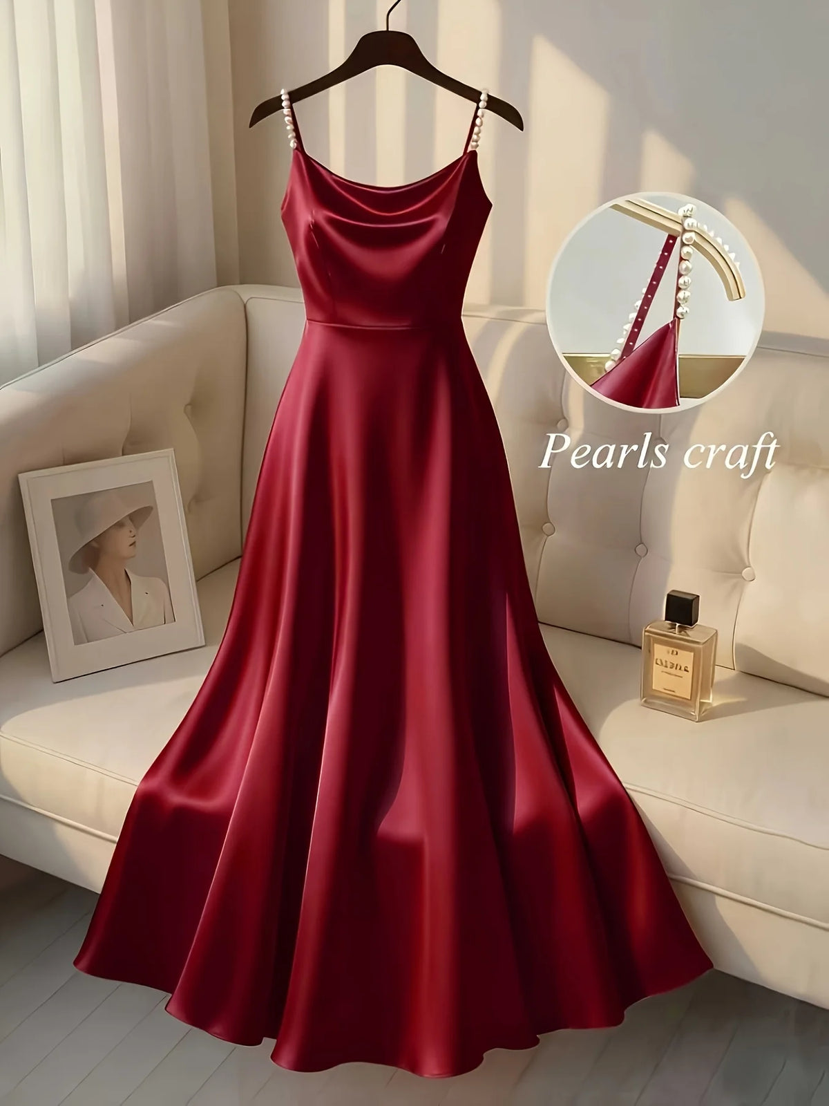 Vestido Slip Satinado con Tirantes de Perlas