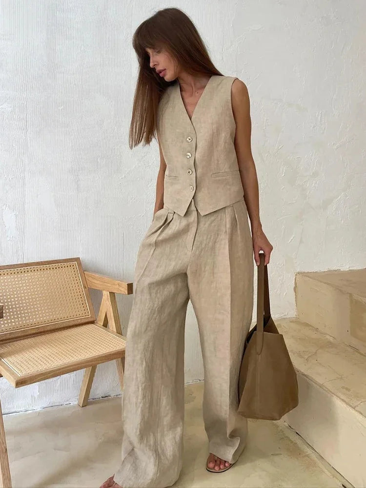 Conjunto de 2 Piezas en Lino y Algodón — Chaleco y Pantalón Palazzo Estilo Coreano