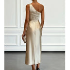 Satin Sleeveless Evening Dress with Pleats