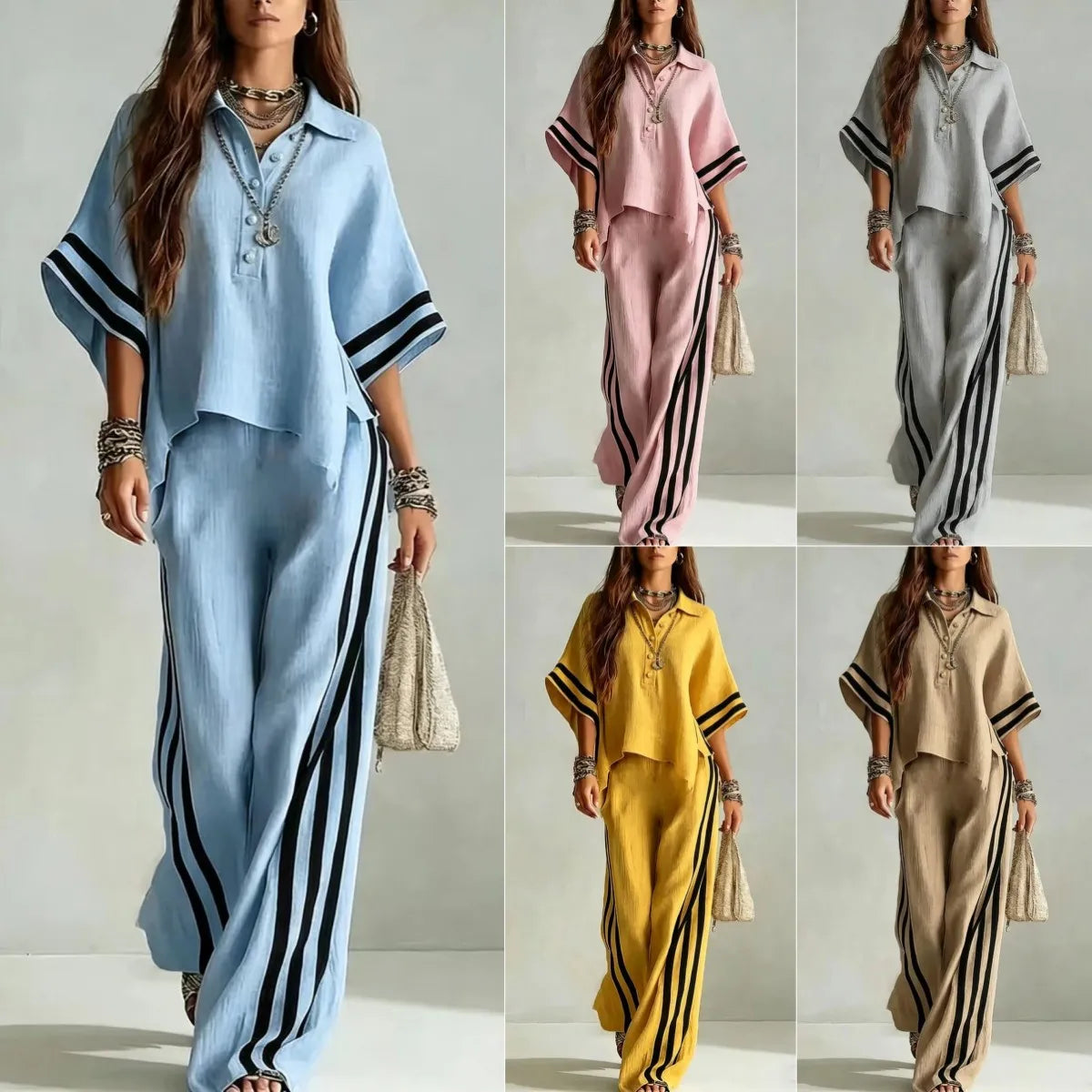 Conjunto Casual Blusa de Solapa y Pantalón a Rayas