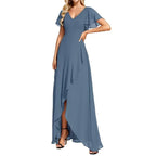 Vestido Largo de Gasa con Manga Corta y Escote Doble V