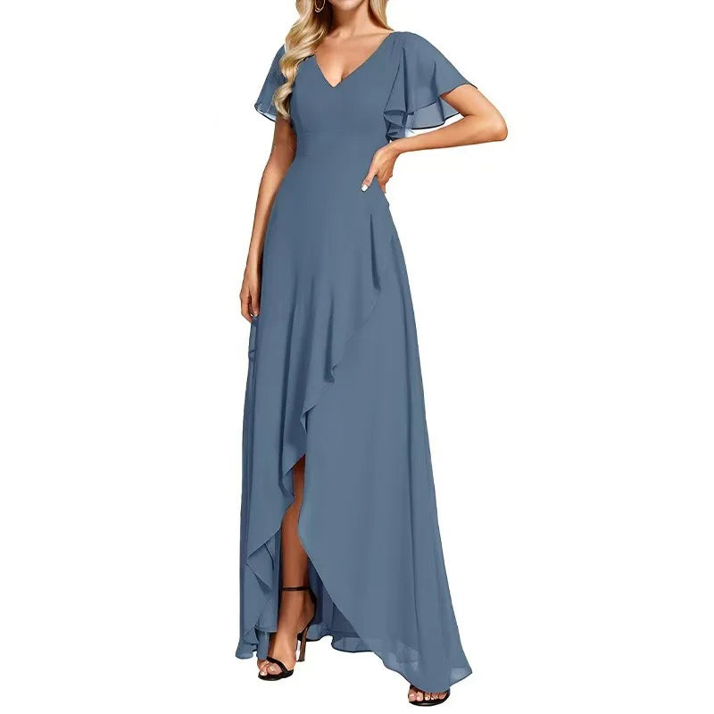 Vestido Largo de Gasa con Manga Corta y Escote Doble V