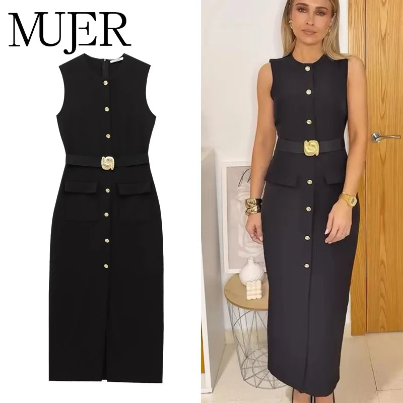 Vestido Midi Negro sin Mangas con Cinturón y Botones — Moda de Oficina 2025