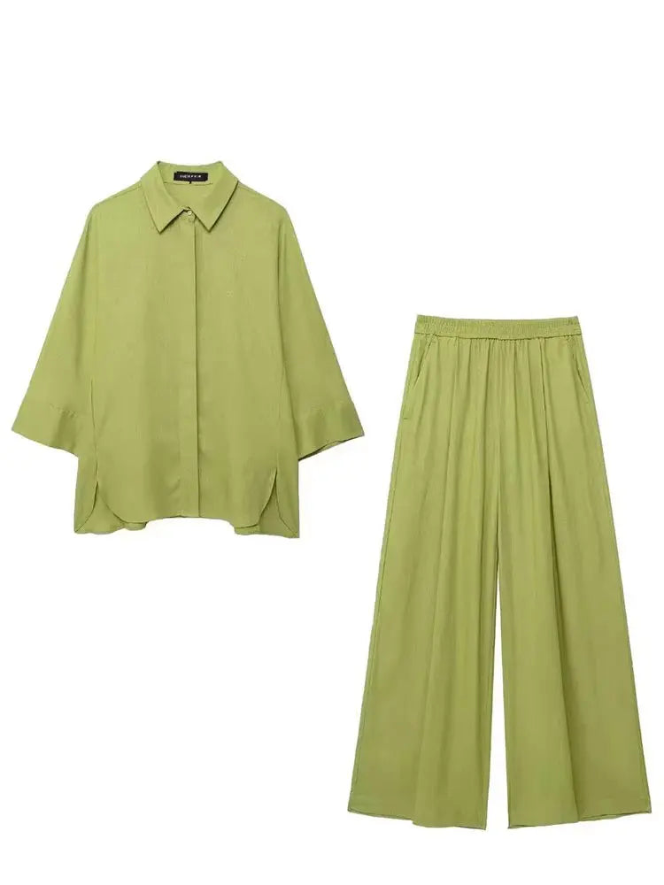 Conjunto Casual de Camisa y Pantalón de Pierna Ancha — Traje Suelto de Oficina