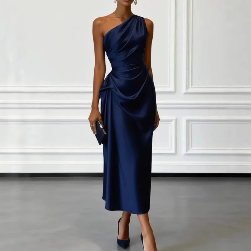 Satin Sleeveless Evening Dress with Pleats