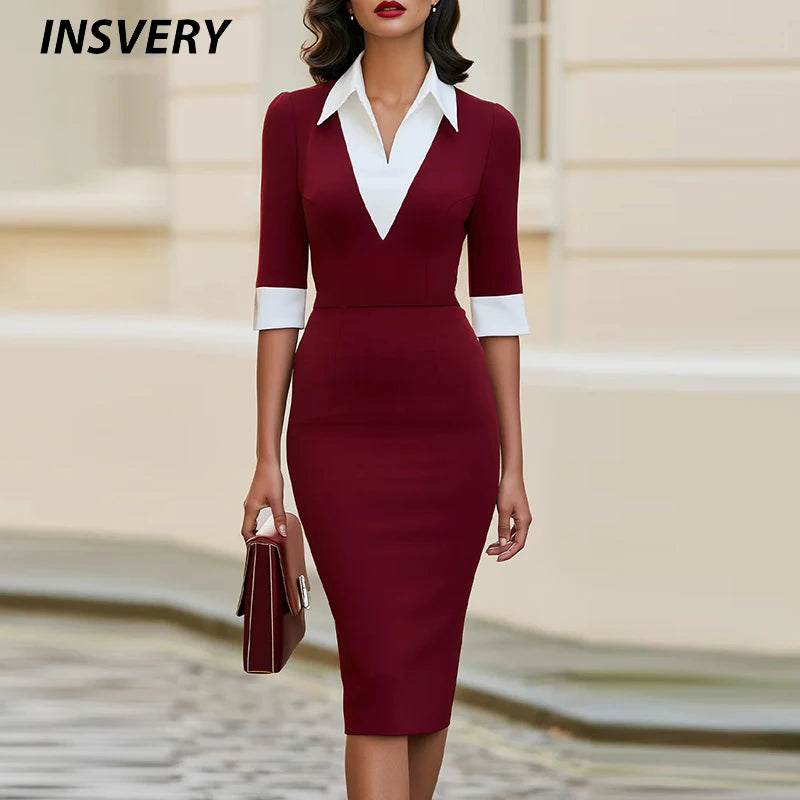 Vestido Midi Entallado Bicolor Rojo y Blanco — Elegante de Oficina con Cuello Vuelto