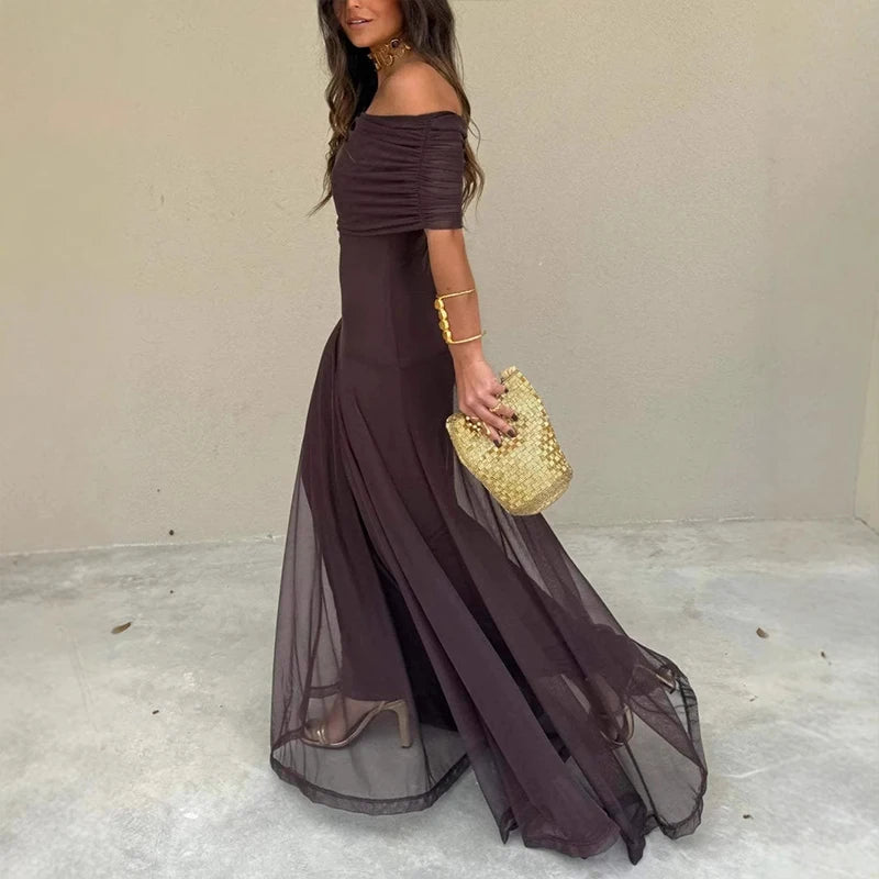 Vestido Largo Strapless de Malla con Cintura Alta