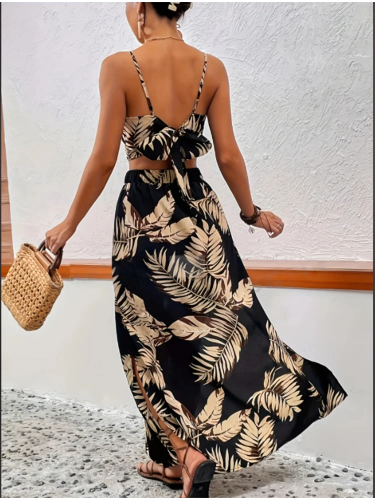 Conjunto Estampado Top Chaleco y Falda con Abertura