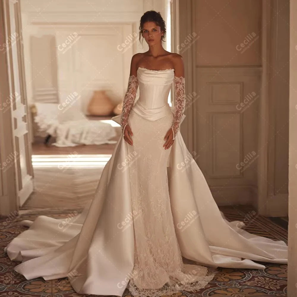 Vestido de Novia Satínado con Encaje y Espalda Descubierta