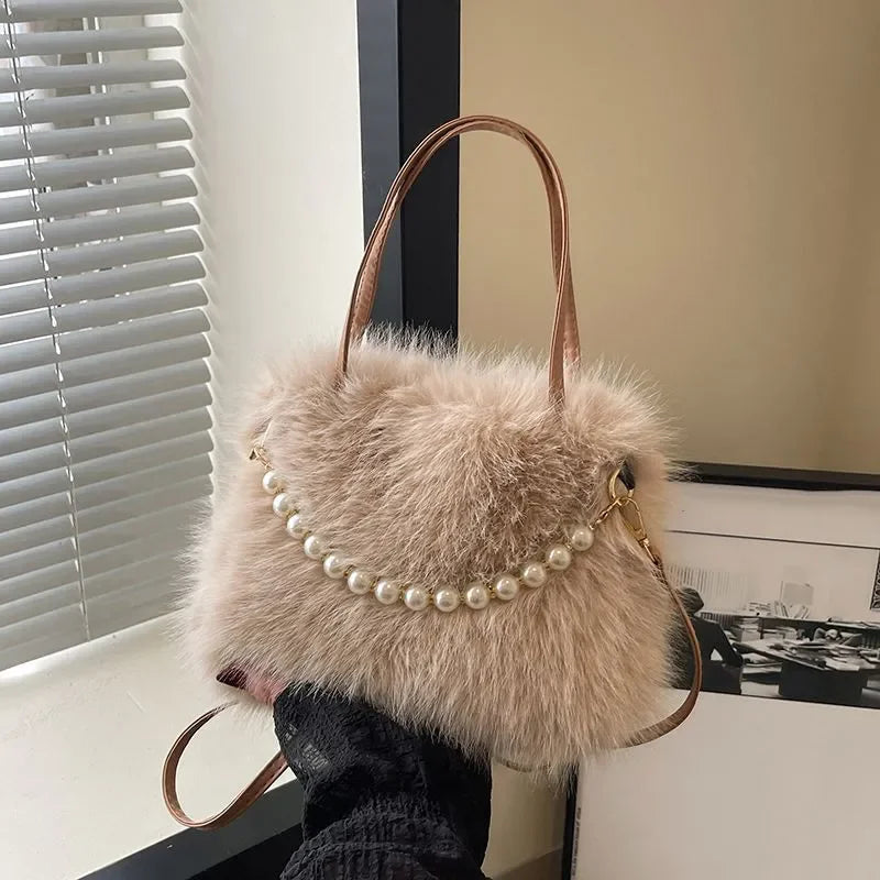 Bolso Esponjoso con Asa de Perla – Crossbody Casual Invierno