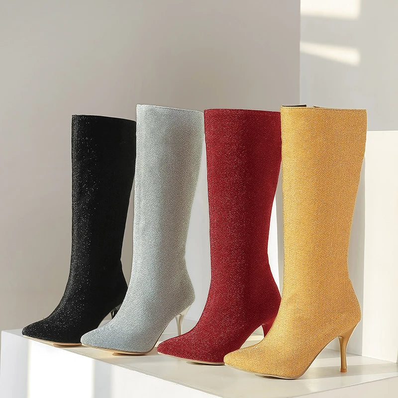 Bota Media Pierna con Lentejuelas – Tacón Fino Super Alto Invierno