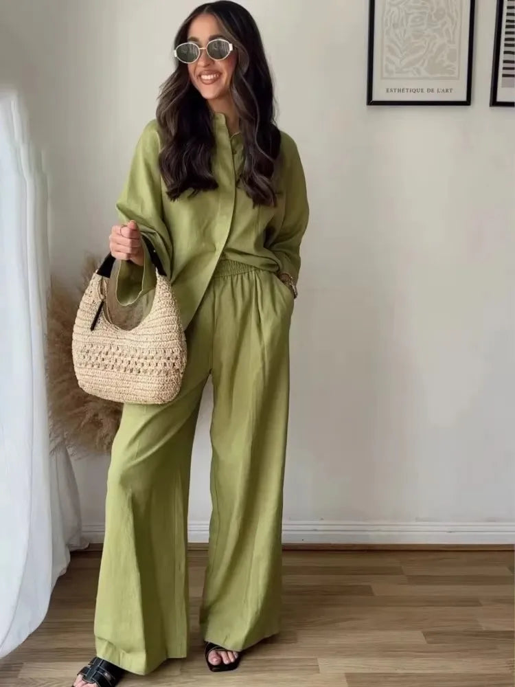 Conjunto Casual de Camisa y Pantalón de Pierna Ancha — Traje Suelto de Oficina
