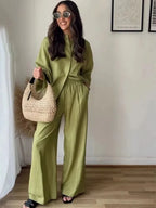 Conjunto Casual de Camisa y Pantalón de Pierna Ancha — Traje Suelto de Oficina