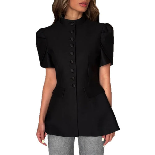 Blusa Blazer Negra con Cuello Alto y Manga Abullonada — Peplum Elegante de Oficina