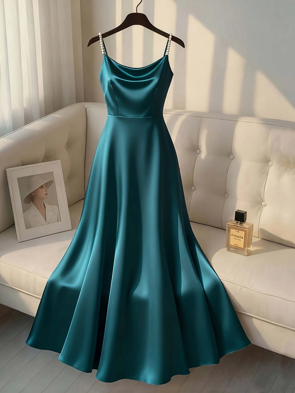 Vestido Slip Satinado con Tirantes de Perlas
