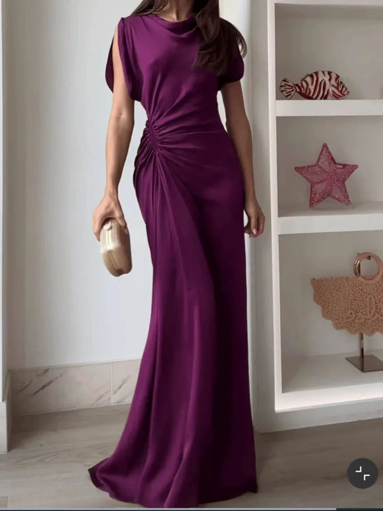 Vestido Largo Drapeado Cuello Redondo con Cintura Alta