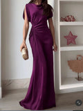 Vestido Largo Drapeado Cuello Redondo con Cintura Alta