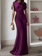 Vestido Largo Drapeado Cuello Redondo con Cintura Alta