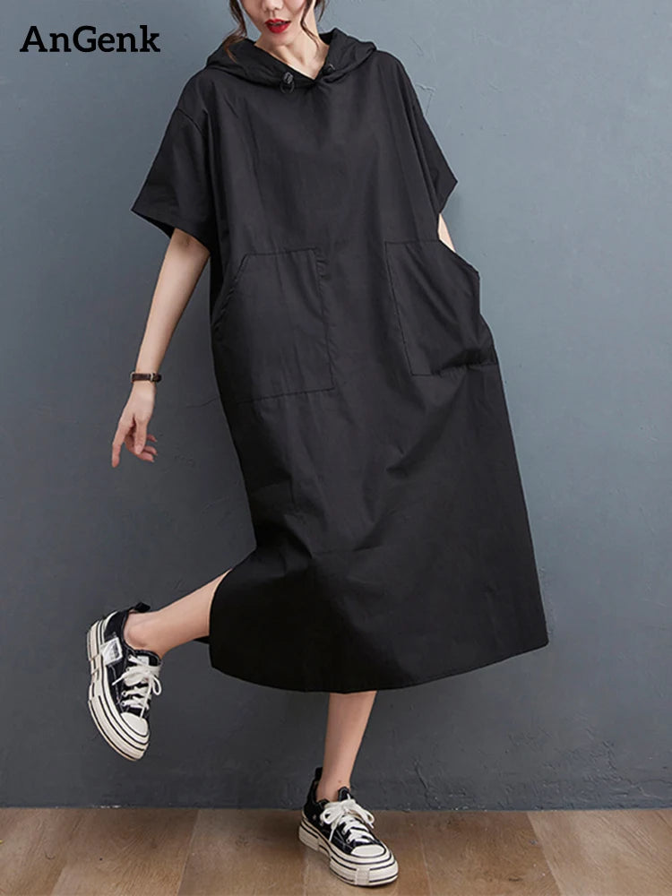 Vestido Largo Negro Oversized con Capucha — Estilo Casual