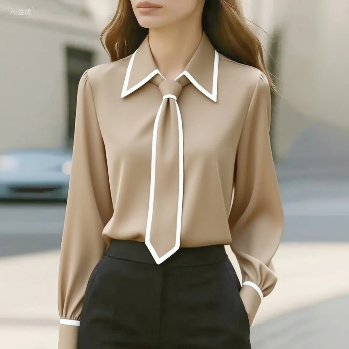 Blusa Formal con Lazo y Manga Larga — Camisa Elegante de Oficina