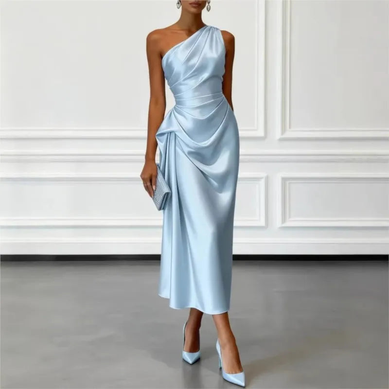 Satin Sleeveless Evening Dress with Pleats