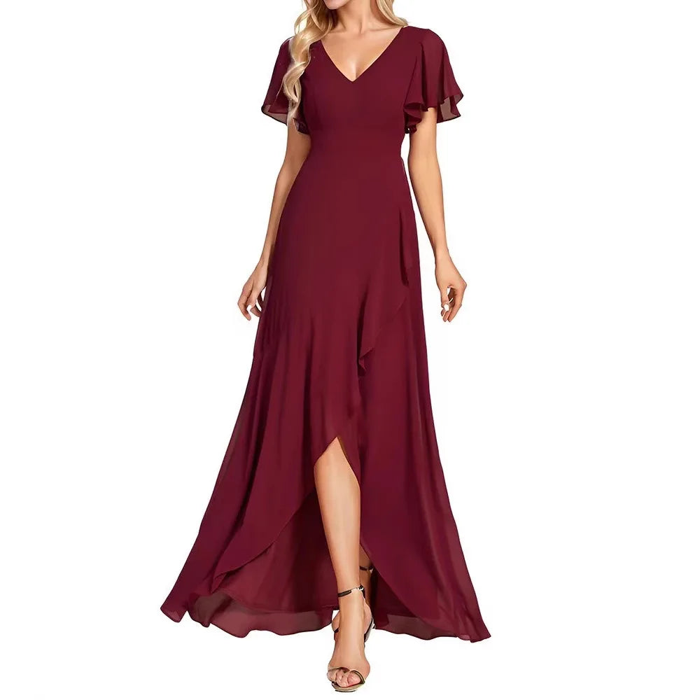 Vestido Largo de Gasa con Manga Corta y Escote Doble V