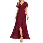 Vestido Largo de Gasa con Manga Corta y Escote Doble V