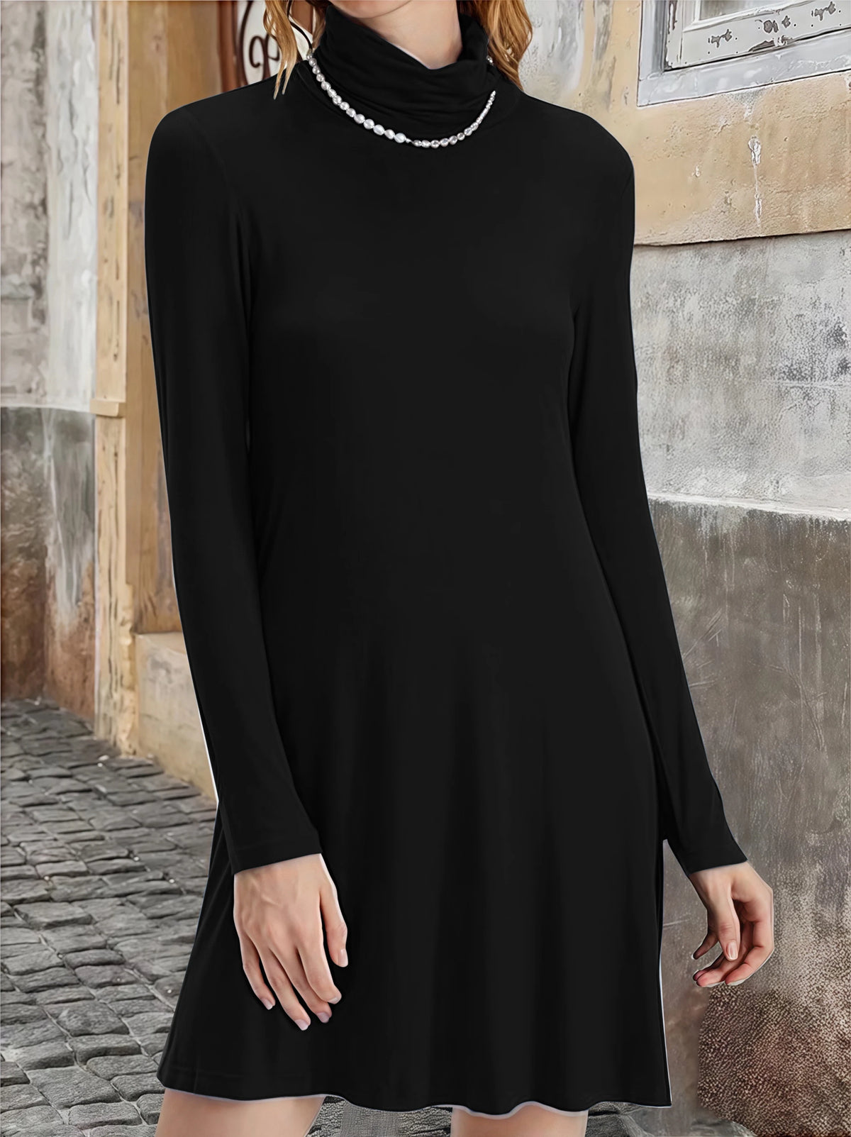 Vestido de Cuello Alto en Color Liso — Tallas Grandes, Manga Larga, Otoño-Invierno