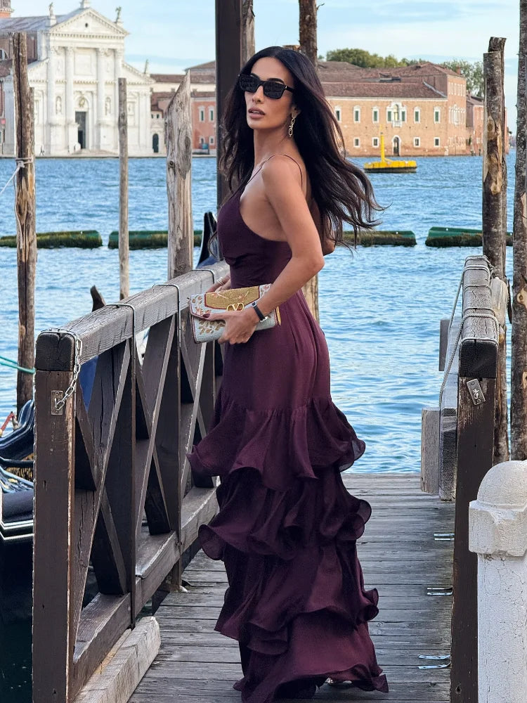 Vestido Maxi con Volantes y Espalda Descubierta