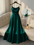 Vestido Slip Satinado con Tirantes de Perlas