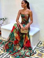 Vestido Largo Strapless con Pliegues Coloridos