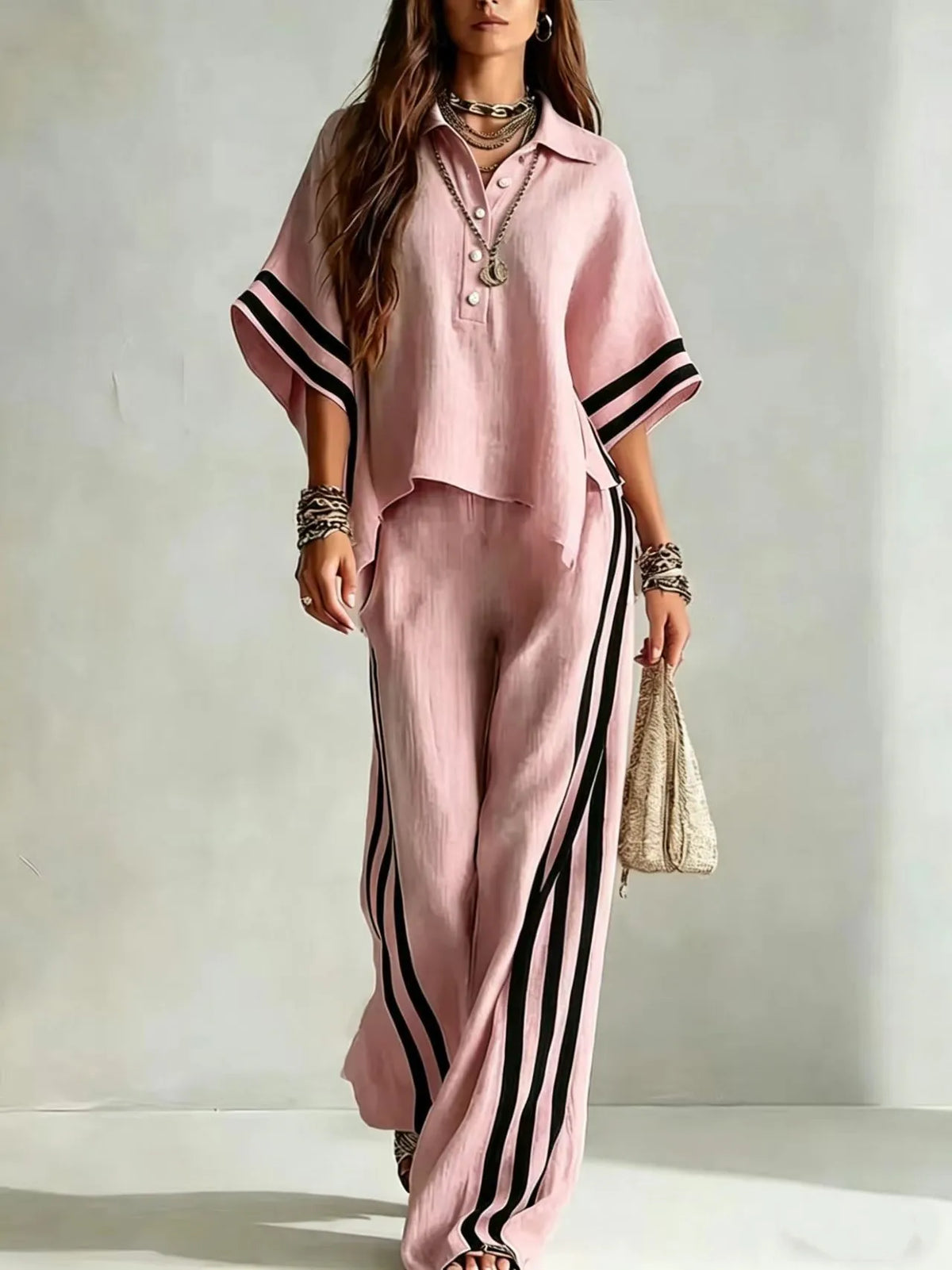 Conjunto Casual Blusa de Solapa y Pantalón a Rayas