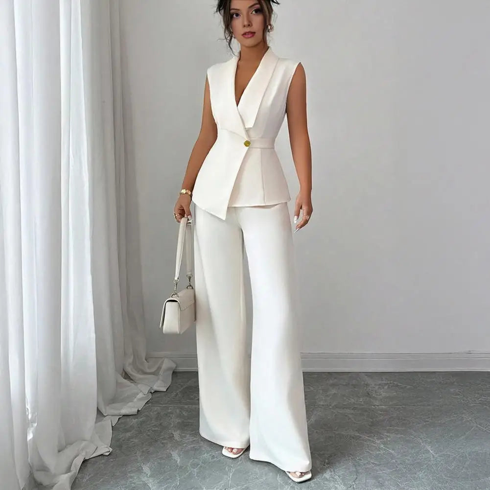 Conjunto de 2 Piezas: Chaleco sin Mangas y Pantalón de Pierna Ancha — Traje Elegante de Oficina
