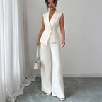 Conjunto de 2 Piezas: Chaleco sin Mangas y Pantalón de Pierna Ancha — Traje Elegante de Oficina