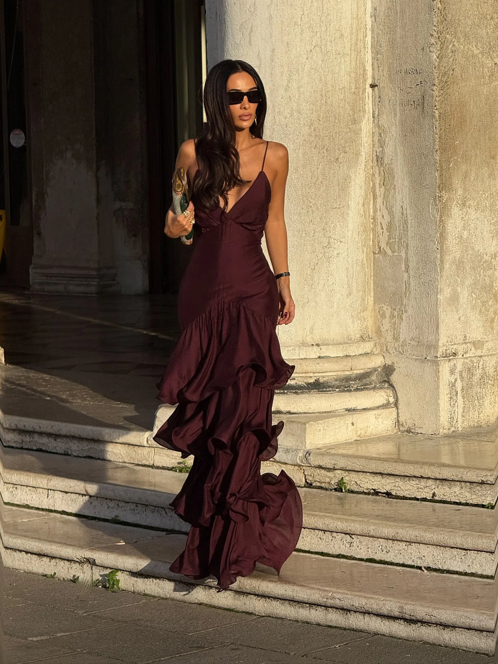 Vestido Maxi con Volantes y Espalda Descubierta