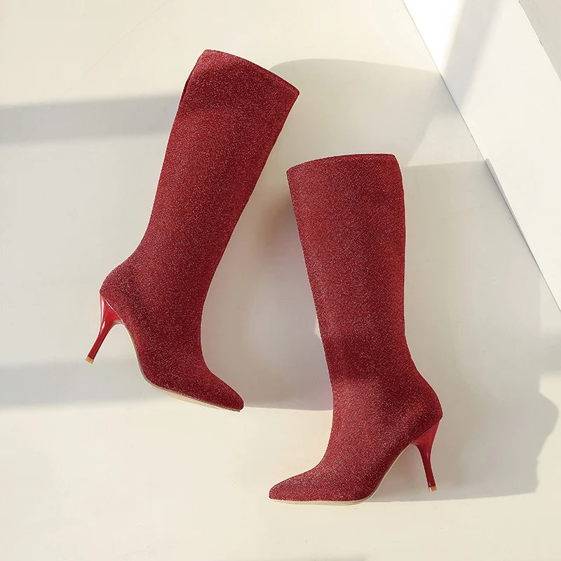 Bota Media Pierna con Lentejuelas – Tacón Fino Super Alto Invierno