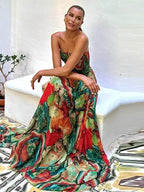 Vestido Largo Strapless con Pliegues Coloridos