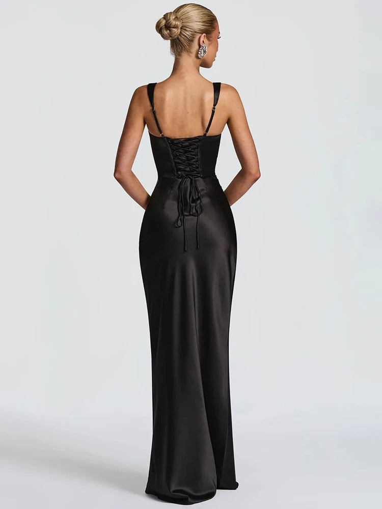 Vestido Maxi Satinado con Lazo y Espalda Descubierta
