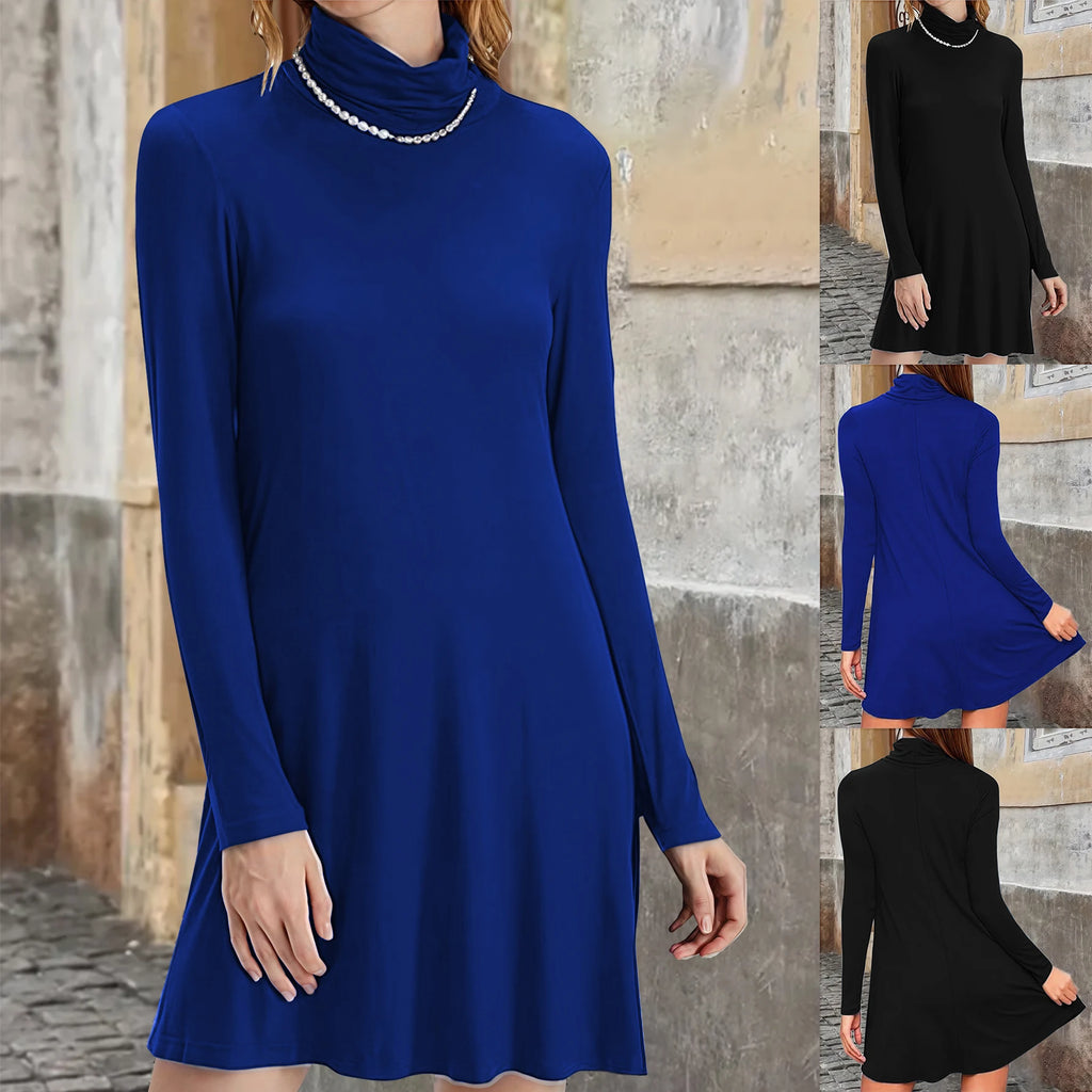 Vestido de Cuello Alto en Color Liso — Tallas Grandes, Manga Larga, Otoño-Invierno