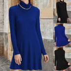 Vestido de Cuello Alto en Color Liso — Tallas Grandes, Manga Larga, Otoño-Invierno