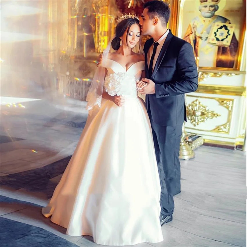 Satin V-Neck Off-Shoulder Wedding Dress