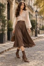 Chica luciendo el Botín Chelsea de Tacón Fino color caramelo con falda midi y blusa ligera